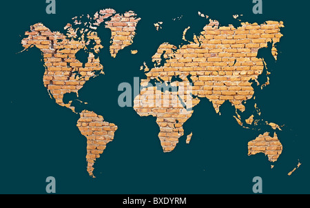 World map with continents made of red brick - abstract background Stock Photo