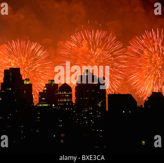 Fireworks over New York City skyline Stock Photo