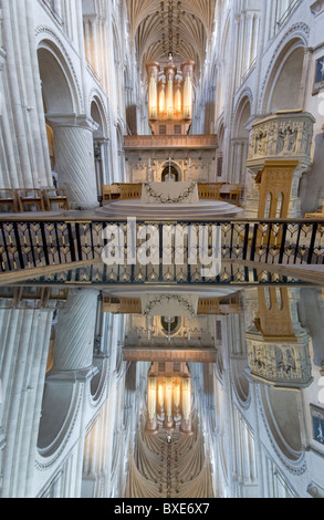 Nave, vault and altar of Norwich Cathedral reflected in a viewing mirror. Norfolk, England. Stock Photo
