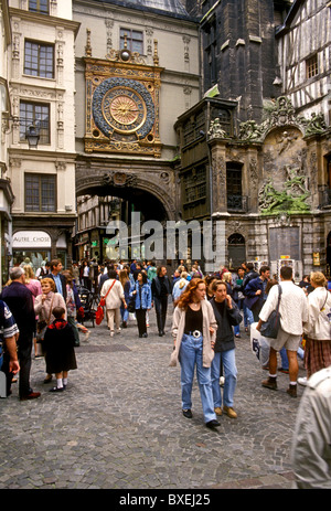 astronomical clock, Gros Horloge, tourists, walking along, Rue du Gros Horloge, city of Rouen, Upper Normandy, France