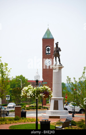 Morgan Square in Spartanburg, SC, USA. This square has two main landmarks, the Daniel Morgan statue, and the Old Clock Tower. Stock Photo