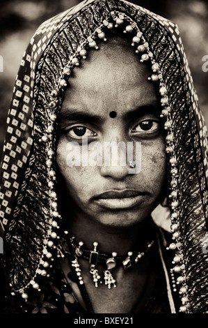 Gadia Lohar. Nomadic Rajasthan young woman. India's wandering blacksmiths. India. Sepia toned Stock Photo