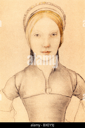 Sketch by Hans Holbein the Younger; Portrait of Jane Boleyn, Lady Parker, sister in law to Anne Boleyn; Colour Illustration; Stock Photo