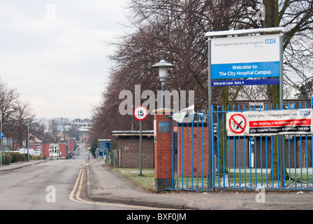 The welcome board outside one of the Edwards Lane entrances to Nottingham City Hospital,Nottinghamshire, England, UK. Stock Photo