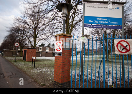 The welcome board outside one of the Edwards Lane entrances to Nottingham City Hospital,Nottinghamshire, England, UK. Stock Photo