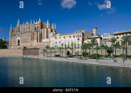 Palma Cathedral La Seu and Parc de la Mar historic city centre viewed across sea inlet  Mallorca Balearics Spain Stock Photo