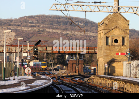 Train approaching Carnforth station. Stock Photo