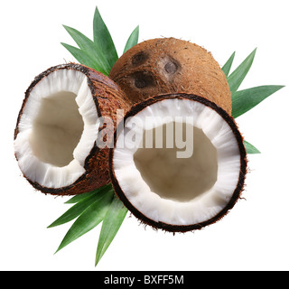 Chopped coconuts with leaves on white background. File contains a clipping paths. Stock Photo