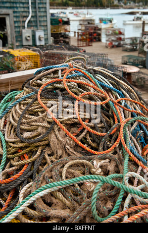 Ropes and lobster traps on dock in the fishing villlage of Bernard, Maine, USA Stock Photo