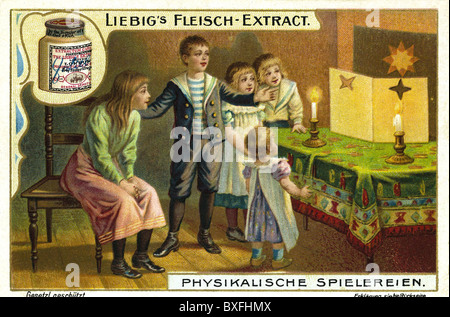 game, children playing and doing a physical experiment with light, lithograph, advertisement, collector's picture, Liebig company, Germany, circa 1899, Additional-Rights-Clearences-Not Available Stock Photo