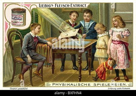 game, children playing and doing a physical experiment with light, lithograph, advertisement, collector's picture, Liebig company, Germany, circa 1899, Additional-Rights-Clearences-Not Available Stock Photo