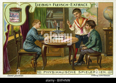 game, children doing a physical experiment, advertisement, collector's picture, Liebig company, Germany, circa 1899, Additional-Rights-Clearences-Not Available Stock Photo