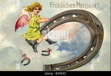 Germany, 1903, Happy New Year postcard, angel, horseshoe, lucky charm, luck, symbol, symbolic, good wishes, kitsch, lithograph, illustration, , Additional-Rights-Clearences-Not Available Stock Photo