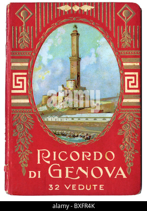 literature, travel literature, Ricordo di Genova, 32 Vedute, travel guide, Italy, Genoa, circa 1926, 1920s, 20s, 20th century, historic, historical, sight, sights, sth. worth seeing, La Lanterna, lighthouse, lighthouses, landmark, built: 1543, tourism, souvenir, souvenirs, Italian, holiday, vacation, holidays, clipping, cut out, cut-out, cut-outs, book, books, Additional-Rights-Clearences-Not Available Stock Photo