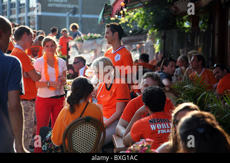 Football Fans waiting outside a pub just before the world cup final between The Netherlands and Spain, Amsterdam Stock Photo