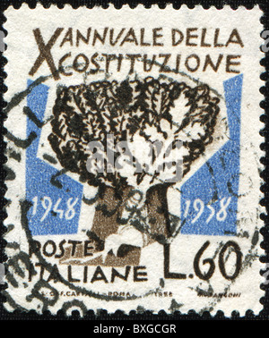 ITALY- CIRCA 1958: A stamp printed in Italy honoring X aniversary of Italian constitution, circa 1958 Stock Photo
