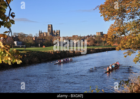 Rowing on the river Wear with Durham cathedral and castle in the background. England, UK. Stock Photo