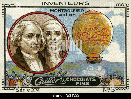 Montgolfier, Joseph-Michel  (1740 - 1810) and Jacques-Etienne (1745 -1799), portrait, inventors of the hot-air balloon, 1783, poster stamp of the Cailler Company, lithograph, France, circa 1914, Stock Photo