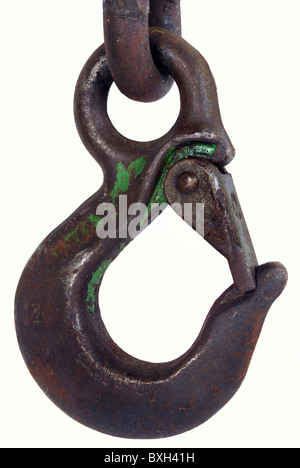 industry, tow hook, detail, Germany, 1950s, 50s, 20th century, historic, historical, chain, chains, tow rope, towrope, tow ropes, piton, snap hook, spring hook, karabiner, snap link, snap hooks, spring hooks, karabiners, snap links, load hook, load hooks, safety hook, iron, hanging, hang-up, hook, hooking, hooked, hooks, hooked, hook up, hooking up, hooked up, metal, chain link, chain links, hardware, clunky, rusty, rustier, rustiest, rust, clipping, cut out, cut-out, cut-outs, Additional-Rights-Clearences-Not Available Stock Photo