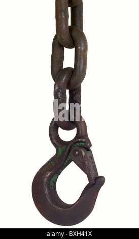 industry, tow hook, Germany, 1950s, 50s, 20th century, historic, historical, chain, chains, tow rope, towrope, tow ropes, piton, snap hook, spring hook, karabiner, snap link, snap hooks, spring hooks, karabiners, snap links, load hook, load hooks, safety hook, iron, hanging, hang-up, hook, hooking, hooked, hooks, hooked, hook up, hooking up, hooked up, metal, chain link, chain links, hardware, clunky, rusty, rustier, rustiest, rust, clipping, cut out, cut-out, cut-outs, Additional-Rights-Clearences-Not Available Stock Photo