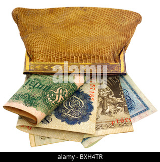money / finance, bank notes, Germany, money bag with banknotes, 1908, historic, historical, at the turn of the 19th / 20th century, numismatics, banknote, bank note, bill , bank notes, portemonnaie, money purse, wallet, coin purse, Art Nouveau, mark, German Mark, deutsche mark, deutschemark, deutschmark, mark, clipping, cut out, symbol, richness, affluence, wealth, German Reichbank, Reichsbank, still, twenty, fifty, hundred, thousand, thousands, a thousand times, thousandth, 20, 50, 100, 1000, cut-out, cut-outs, numismatics, 1900s, Additional-Rights-Clearences-Not Available Stock Photo