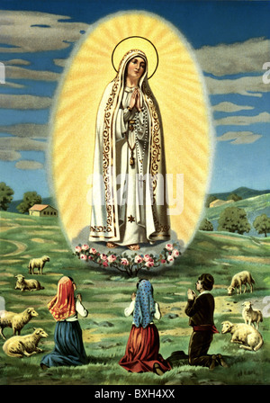 religion, Christianity, Marian apparition of Fatima, three pastoral children Jacinta Francisco and Lucia, mural, Portugal, circa 1932, Additional-Rights-Clearences-Not Available Stock Photo