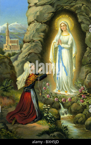 religion,Christianity,Marian apparition,Lourdes,1858,Bernadette Soubirous,religious mural,France,circa 1890,1890s,19th century,historic,historical,farmer's daughter,sainted in 1934,grotto of Lourdes,grotto,grot,grottoes,grottos,grots,Massabielle,Madonna,Virgin Mother,saint Mary,Our Lady,the Blessed Virgin Mary,the Virgin Mary,Our Blessed Lady,appearance,apparition,apparitions,vision,visions,aureola,aureole,Mandorla,nimbus,glory,halo,aura,halos,conception,conceptions,the Immaculate Conception,tenet,adore,adoring,pi,Additional-Rights-Clearences-Not Available Stock Photo