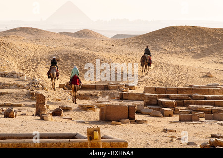 Egypt, Saqqara. Arab man and camel at the Saqqara or Sakkara stepped step pyramid with Giza pyramids in distance. Stock Photo