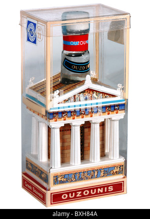 Miniature bottle of brandy as greek temple hi-res stock