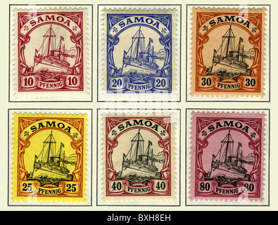 stamps, Samoa, mint, Germany, 1900, historic, historical, at the turn of the 19th / 20th century, German colony, colonies, from 1899 until 1914, South Sea, Southern Pacific, Pacific Ocean, merchant ship, merchant ships, cargo vessel, trading vessel, cargo vessels, trading vessels, colonial period, philately, 1900s, Additional-Rights-Clearences-Not Available Stock Photo