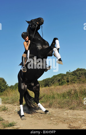 young woman and her beautiful black stallion rearing up Stock Photo
