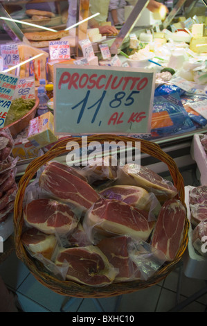 Prosciutto ham inside Mercato di Sant'Ambrogio market central Florence (Firenze) Tuscany central Italy Europe Stock Photo