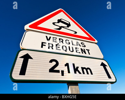 Modern French 'Verglas Fréquent' road traffic sign indicating icy / dangerous road - Indre-et-Loire, France. Stock Photo