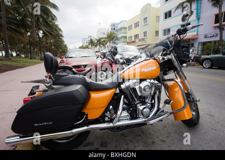 Harley Davidson Road King Classic motorcycle with 88 cubic inches twin cam engine, South Beach, Miami, Florida Stock Photo