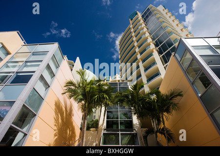 Art deco architecture, in pastel colors high rise apartment blocks at South Beach, Miami, Florida, United States of America
