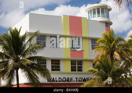 Waldorf Towers Hotel art deco architecture on Ocean Drive, South Beach, Miami, Florida, United States of America Stock Photo