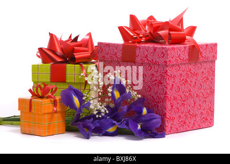 Bouquet of a irises and gift box on white background Stock Photo