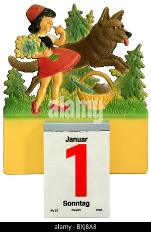 calendar, wall calendar, tear-off calendar, Germany, 2006, tear-off calendars, sheet almanac, wall calendars, sheet almanacs, historic, historical, 21st century, New Year, New Year's Day, beginning of the year, beginning of a new year, year-to-date, turn of the year, turns of the year, Sunday, 1, one, calendar sheet, termin, fairytale, fairy tale, motive, Grimm's, Grimm, character, legendary figure, Little Red Riding Hood, wolf, clipping, cut out, cut-out, cut-outs, people, 1950s, 20th century, 2000s, Additional-Rights-Clearences-Not Available Stock Photo