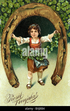 symbol / emblem / icon, New Year, girl with horseshoe, lithograph, picture postcard, Germany, circa 1905, Additional-Rights-Clearences-Not Available Stock Photo