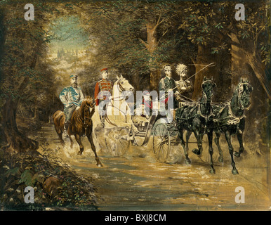 William I, 22.3.1797 - 9.3.1888, emperor of Germany, in carriage, with crown prince Friedrich Wilhelm (1882 - 1951), emperor Friedrich III (1831 - 1888), emperor Wilhelm II (1859 - 1941), coloured photograph, signed by Akermark, Germany, circa 1885, Artist's Copyright has not to be cleared