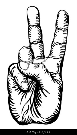 a black and white illustration of the human hand giving the victory salute or peace sign Stock Photo