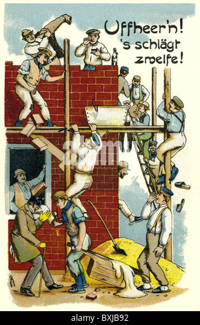 building industry, illustration, construction workers stopping their work in order to have lunch break ('Stop working! It's twelve o'clock!), Saxony, Germany, 1920, Additional-Rights-Clearences-Not Available Stock Photo