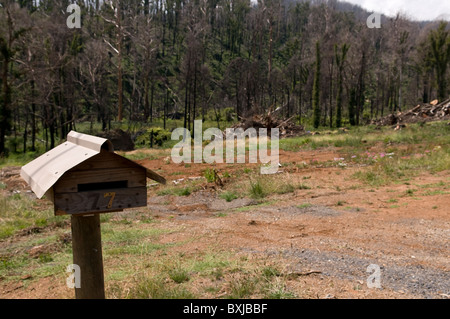 Rustic wooden letterbox  on a plot of land where a house used to be a year after a bushfire Stock Photo