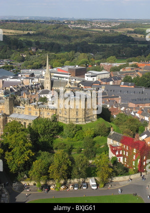 Aerial view north from main tower of Durham Cathedral over Durham Castle and part of Durham City, County Durham, England, UK. Stock Photo