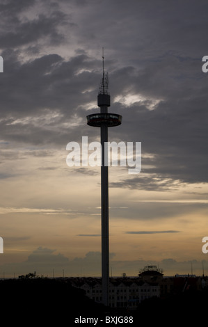 A view of Malacca, with Menara Taming Sari (360 degree viewing tower), at sunset. Stock Photo