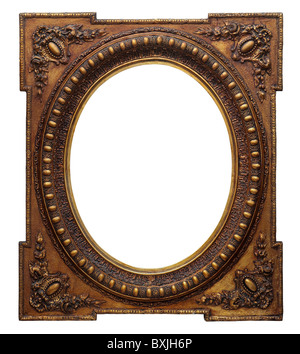 Wooden photo frame golden vintage oval (isolated with clipping path) Stock Photo