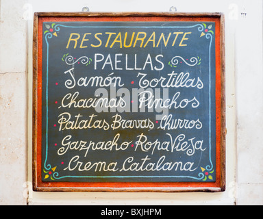 Rome, Spanish restaurant menu on blackboard outside, near piazza Navona Stock Photo