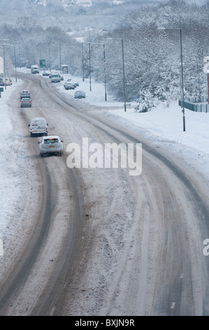 Difficult driving conditions in Worcestershire UK during the December freeze of 2010. Stock Photo
