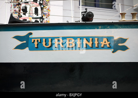 Turbinia, the first steam turbine powered ship, designed by Charles Parsons, seen in the Discovery Museum, Newcastle upon Tyne. Stock Photo