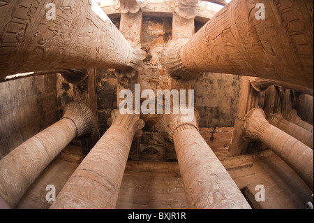 Edfu, Egypt. Egyptian hieroglyphs on columns at The Temple of Horus at Edfu. Stock Photo